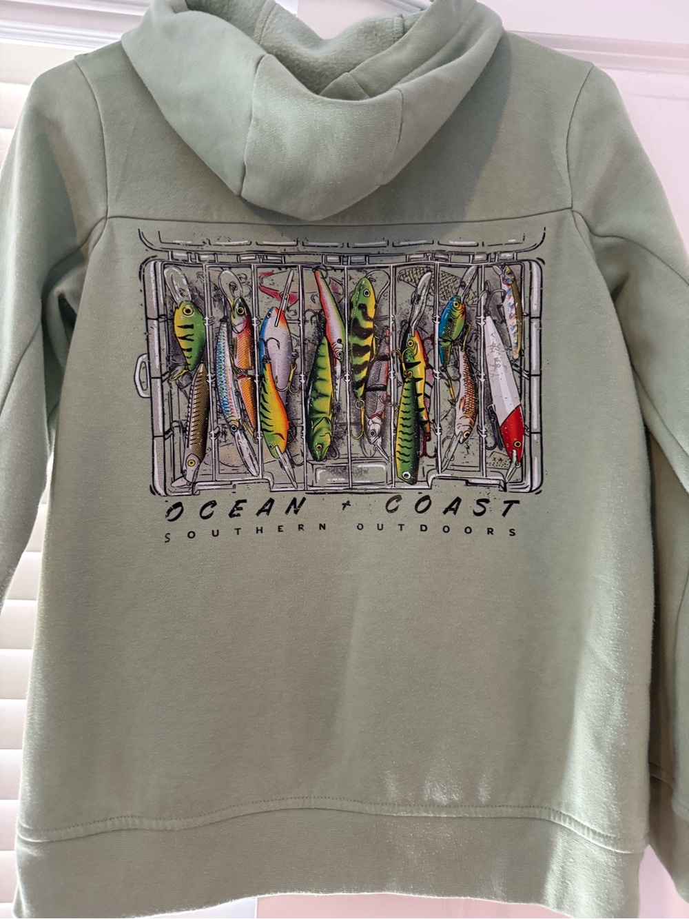 Kids Medium Ocean + Coast Light Green Hoodie with Fish Logo and Fishing Lures